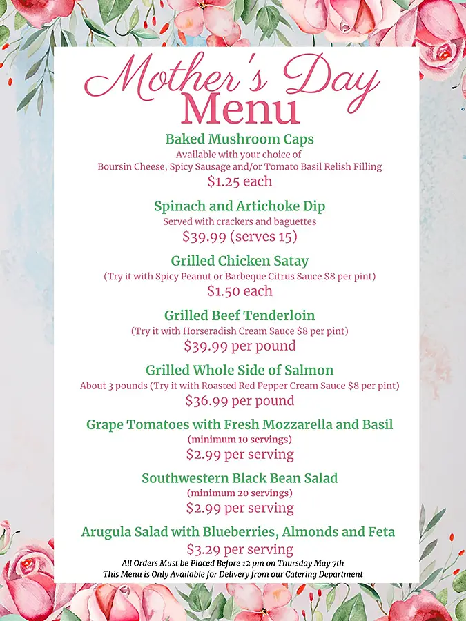 Mother's Day menu 2026