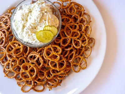 Dill pickle dip with pretzels