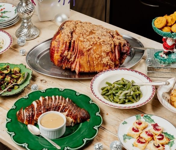 Rocklands Catering holiday ham and sides in bowls for a crowd