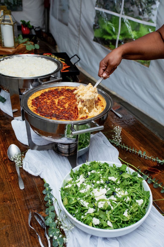 Rocklands catering buffet with salad, mac and cheese and mashed potatoes