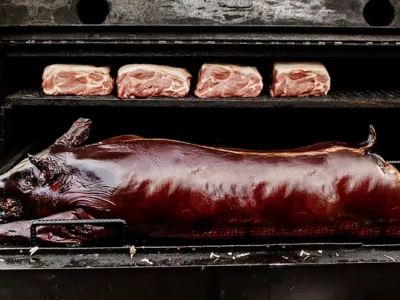 Rocklands pig roast on grill