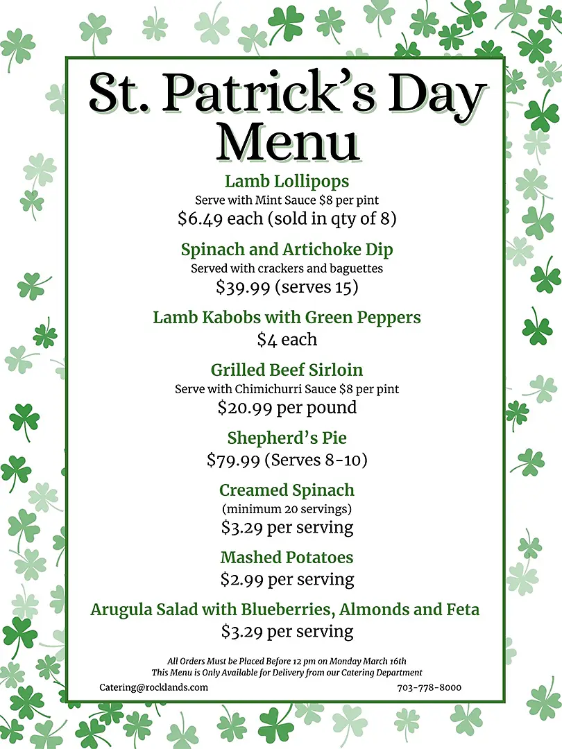 St. Patrick's Day holiday menu