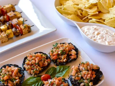 Tofu kebabs, portobello mushrooms with tomato basil relish, and French Onion dip