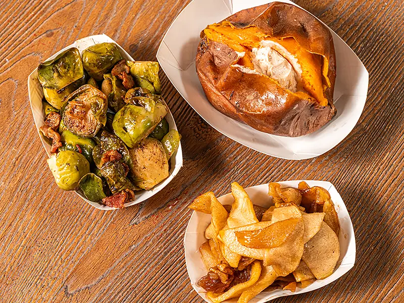 Fall sides dishes - Warm Cinnamon Apples, Brussels Sprouts with Bacon, Baked Sweet Potato with Cinnamon Butter