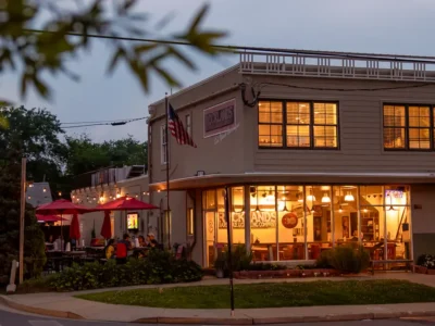 Rocklands Arlington store at twilight